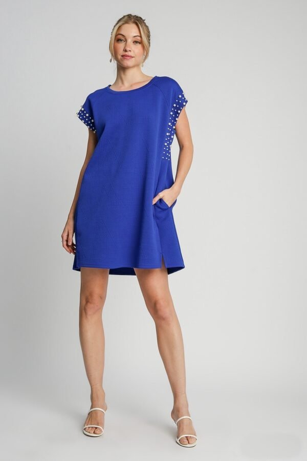 Umgee Textured Jacquard Dress with Pearl Details in Sapphire